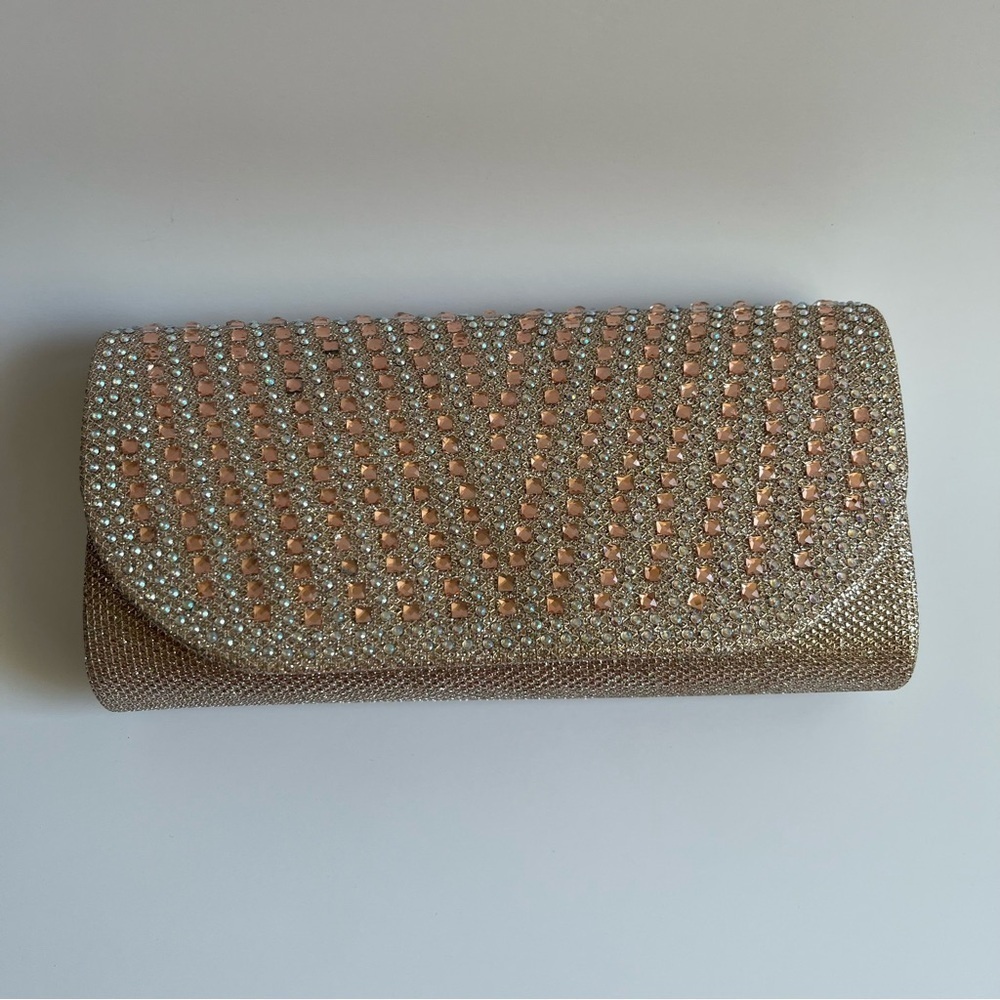 No Brand- Rose Gold Sparkly Medium Wallet with Button Closure and Rhinestones